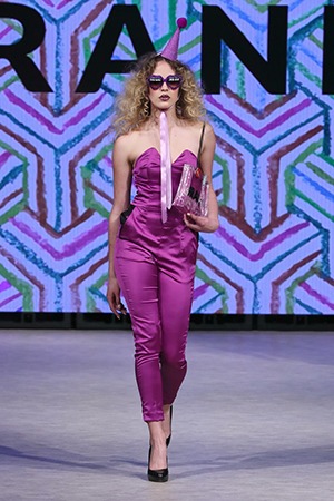 GRANDI Vancouver Fashion Week party girl purple strapless jumpsuit Black Iris lenses