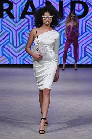 GRANDI Vancouver Fashion Week party girl white one shoulder long sleeve dress Black Iris lenses