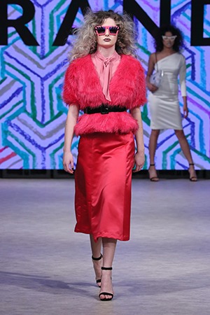 GRANDI Vancouver Fashion Week party girl hot pink jacket skirt Black Iris lenses