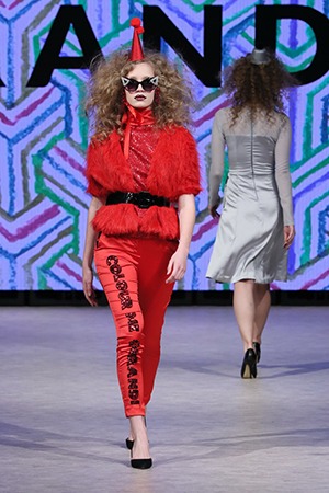 GRANDI Vancouver Fashion Week party girl red coat pants Black Iris lenses