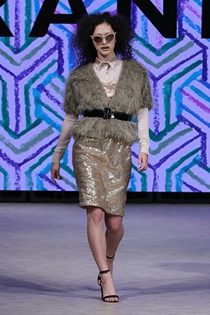 GRANDI Vancouver Fashion Week party girl blue champagne fur coat sequin skirt Iris lenses