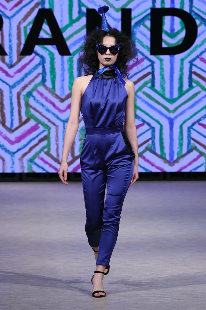 GRANDI Vancouver Fashion Week party girl blue high neck jumpsuit Iris lenses