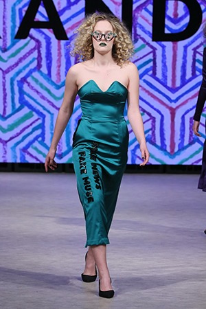 GRANDI Vancouver Fashion Week party girl green strapless dress Black Iris lenses