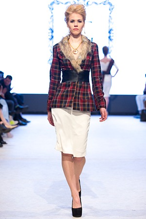 GRANDI runway fur trim tartan jacket white pencil skirt