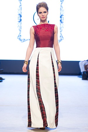GRANDI runway red white tartan embroidered gown