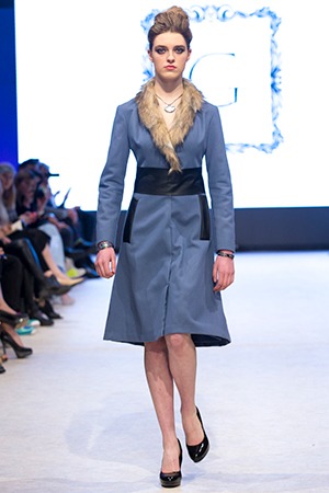 GRANDI runway blue wool coat fur trim