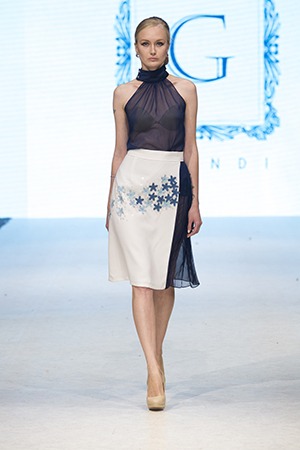 GRANDI runway blue high neck blouse asymmetrical skirt blue leather flower embroidery skirt