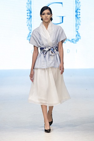 GRANDI runway light blue taffeta jacket white chiffon skirt