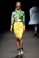 GRANDI Tokyo Fashion Week tropical yellow banana dress shirt yellow pencil skirt Black iris lenses
