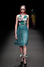 GRANDI Tokyo Fashion Week tropical halter green pleated skirt Black iris lenses