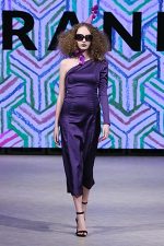 GRANDI Vancouver Fashion Week party girl purple one shoulder long sleeve dress Black Iris lenses