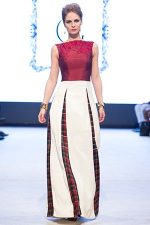 GRANDI runway red white tartan embroidered gown