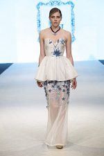 GRANDI runway strapless leather flower taffeta chiffon gown