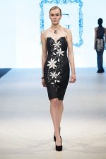 GRANDI runway strapless white leather flower embroidery black taffeta cocktail dress
